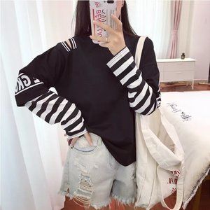 Mock Two-Piece Long-Sleeve Striped Black T-Shirt